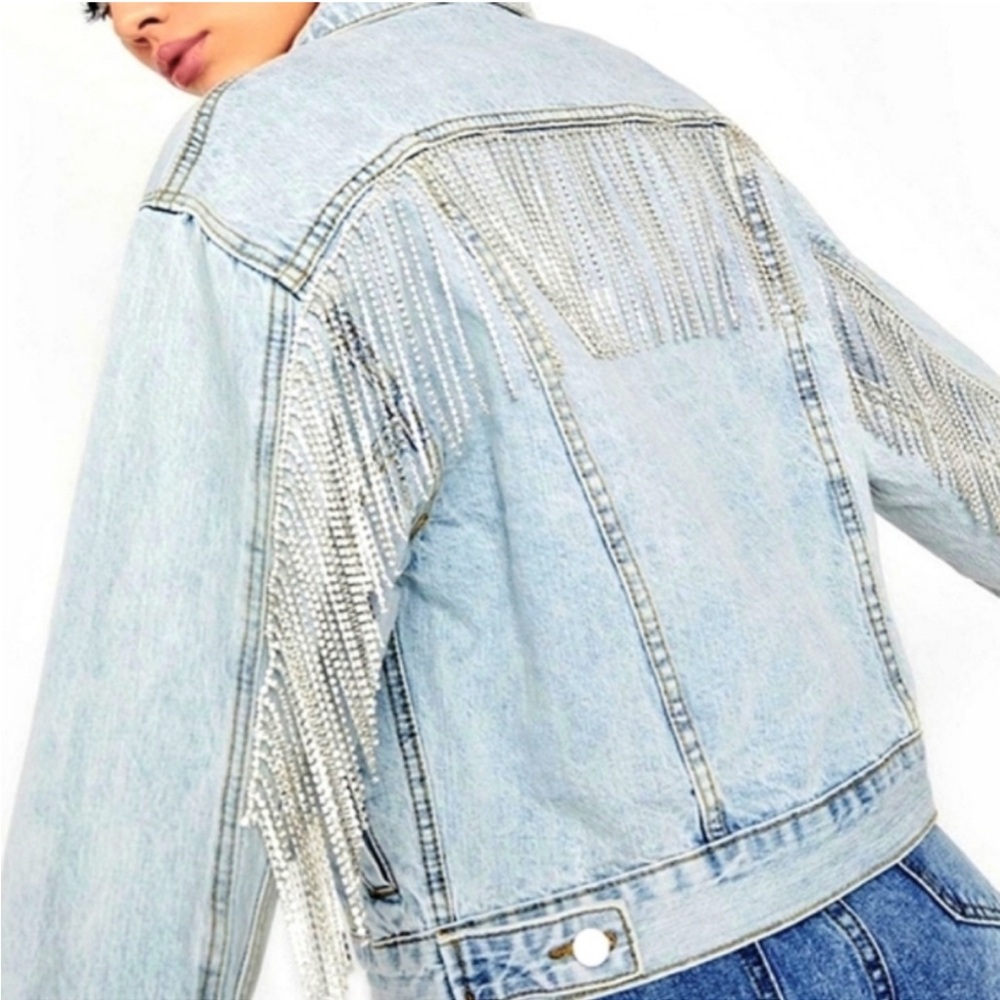 Vintage💎Light Wash Rhinestone Fringe Denim Jacket rave festival concert jacket